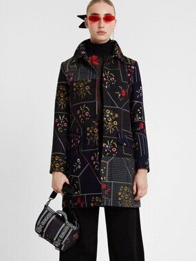 Desigual Embroidered Black Wool Lined Coat Women’s Size 4-6 Floral Patchwork NWT